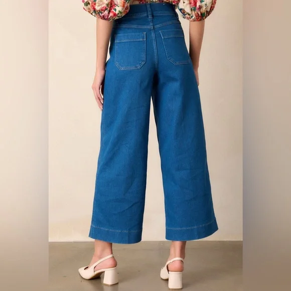 SPANX Shape Cropped Jeans Size XL Wide Leg Washed Blue Pull Up
